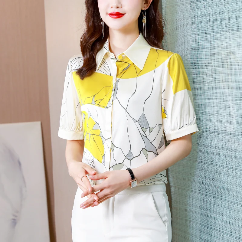 

Poplin Women's Blouses Summer Patchwork Print Short Sleeve Top New Casual Korean Fashion Polo Shirt Movafag