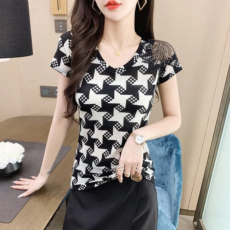 

#6344 Summer Mesh Off Shoulder T Shirt Women V-neck Vintage Women's T-shirt Korean Style Thin Short Sleeve Tshirt Slim Office
