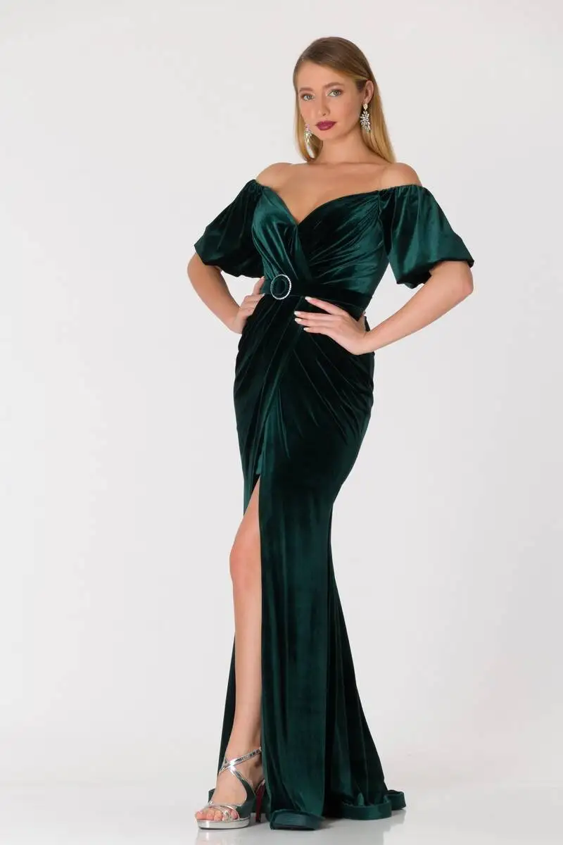 

Short-Sleeve Slits Velvet Evening Dresses Khaki