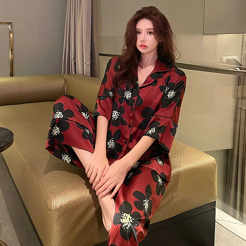 Vintage Clothes Women Clothing 2 Pieces Set Silk Satin Set Women Flower Luxury Designer Outfits Loungewear