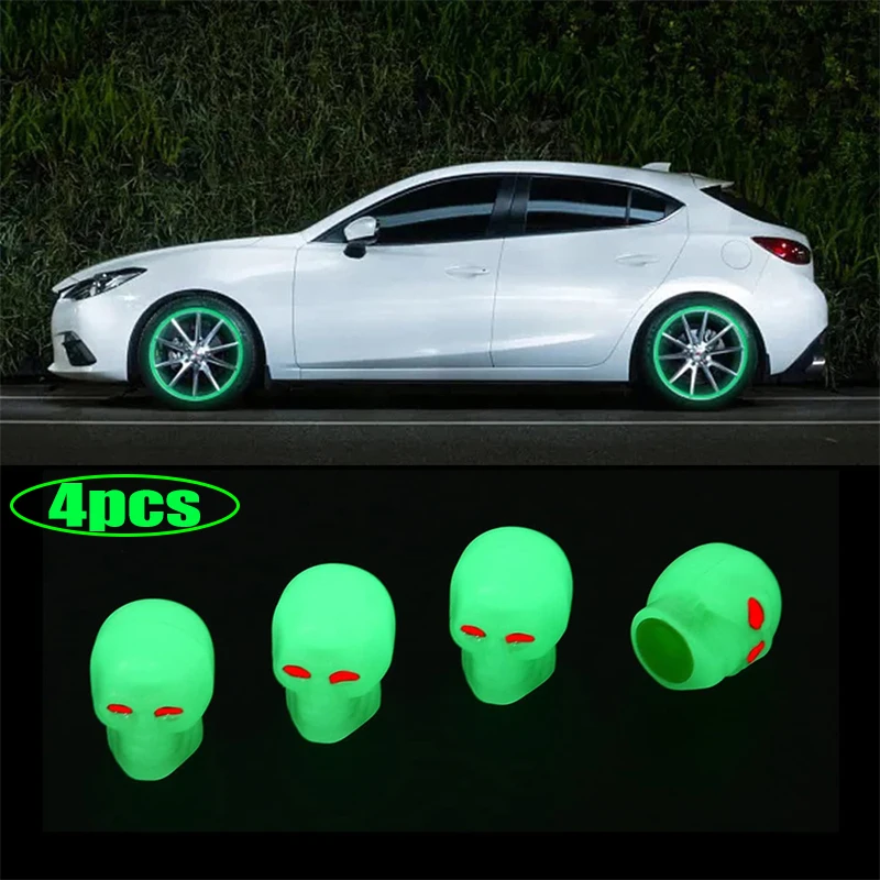 

4Pcs Tyre Fluorescent Skull Valve Stem Caps Glow In The Dark Seal Luminous Tire Valve Cove For Automobile Bicycle Motorcycle