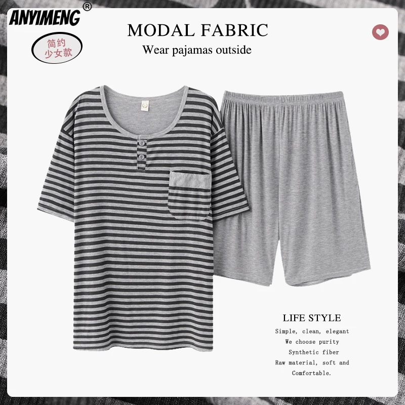 

New Summer 3XL Short Sleeve Short Pants Striated Fashion Sleepwear for Boy Soft Modal Grey Round Collar Leisure Men's Pajamas
