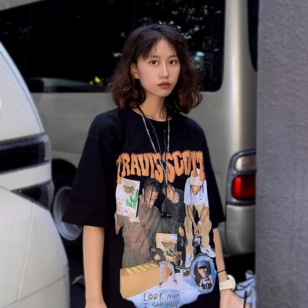 

Kaus Katun Gambar Cetak Travis Scott Kaus Ukuran Besar Gaya Longgar Kasual Kaus Hip-Hop Musim Panas Lengan Pendek Atasan Uniseks