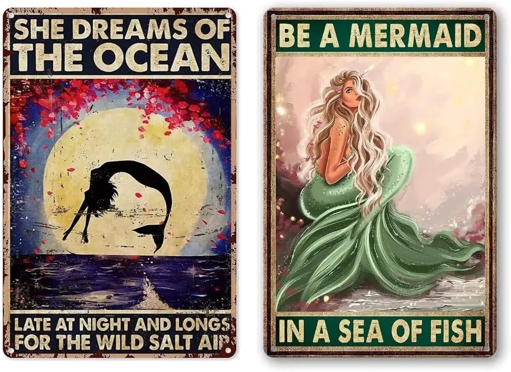 UOUDT 2-Peces Mermd Sgn Metl Плакат Vntge Tn Sgns Ретро Plque Wll Декор Gft Для дома Ktchen Office Club Br People