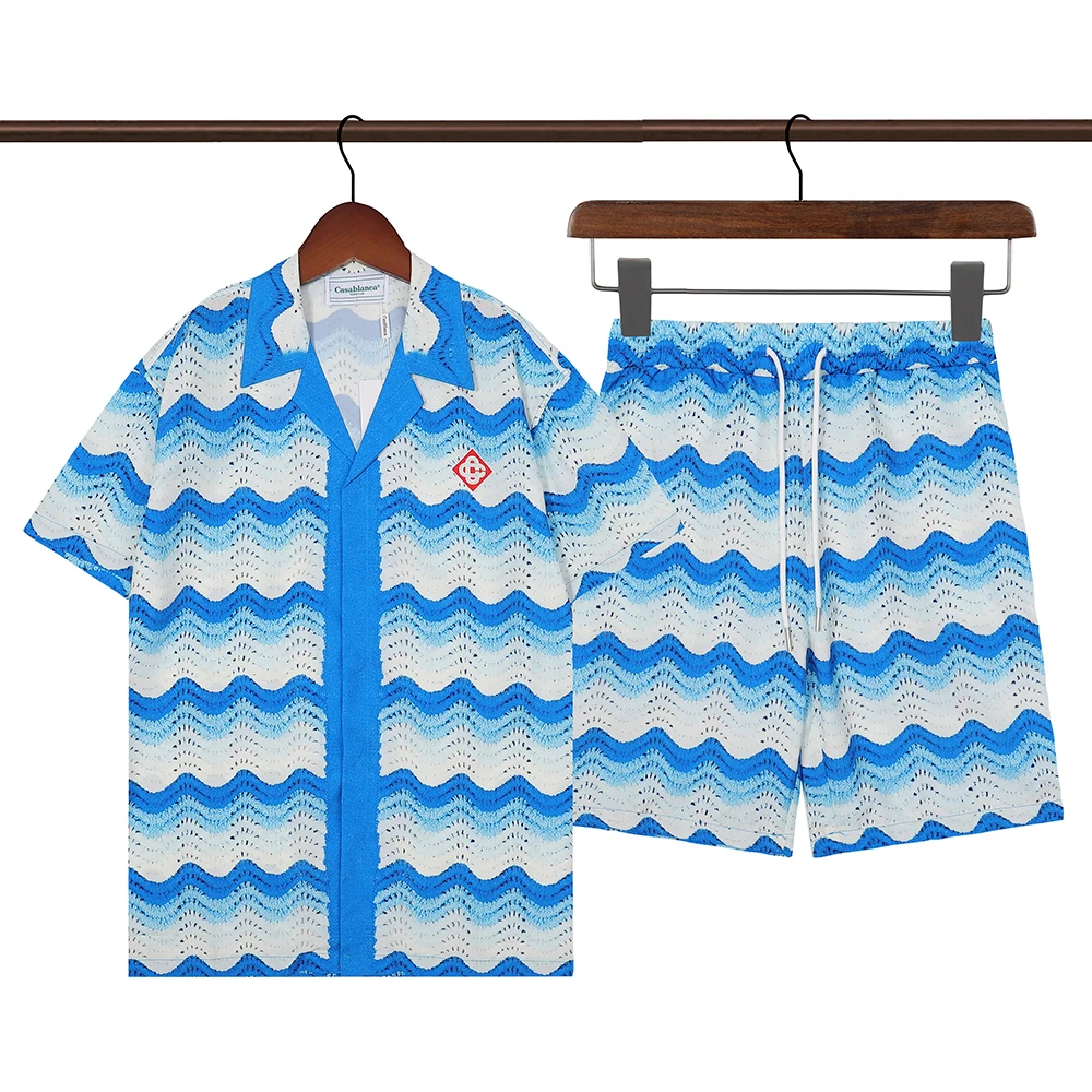 

Summer Hawaiian Casablanca Suit Sets Unisex Color Match Blue Print Thick Beach Shirts and Baggy Shorts Men's Holiday Tracksuits