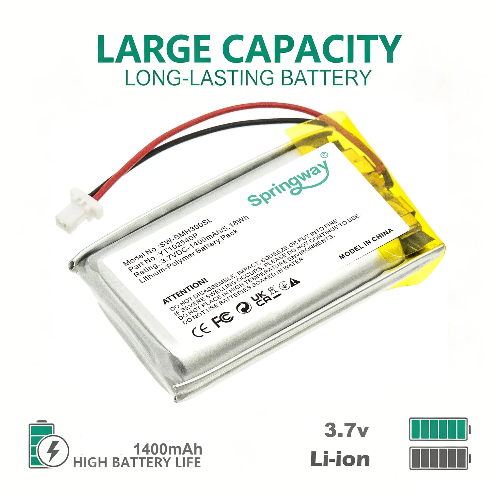Фото Аккумулятор Li-Po Springway 3.7V 1400mAh YT102540P для замены, совместим с Sena 30K SP46 50S Helmet Intercom SW-SMH300SL №1