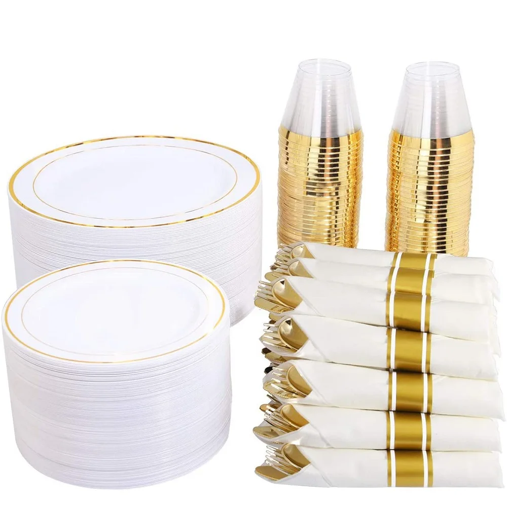 

25pcs Golden Rose Golden Plastic Tableware Birthday Set And Disposable Plastic Plate Salad Plate Fork Spoon Party Decoration