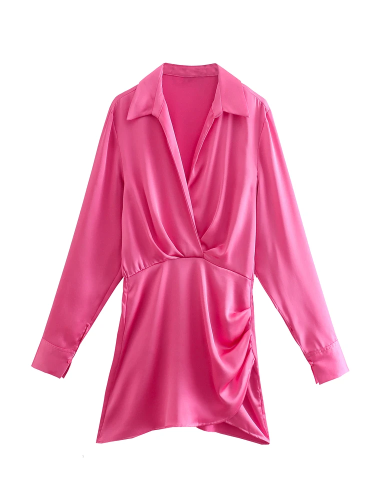 

TRAF Women 2022 Fashion Gathered Satin Mini Dress Vintage Turndown Collar Long Sleeve Female Dresses Vestidos Streetwear