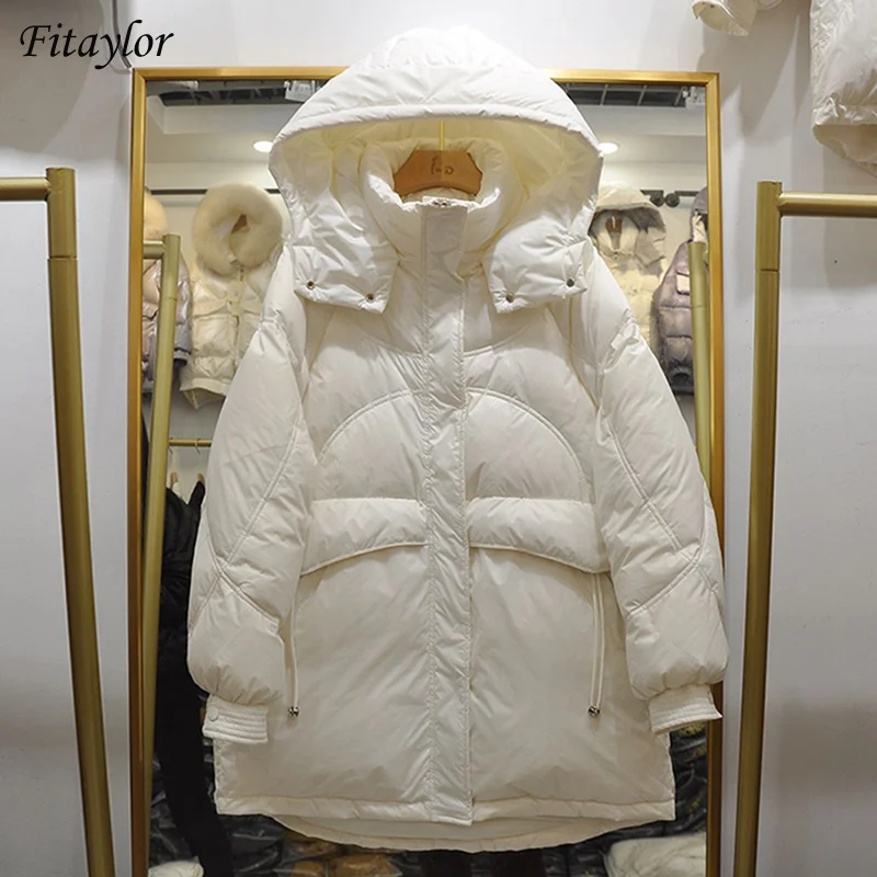 

Pakaian Luar Salju Tahan Angin Musim Semi Hangat Wanita Kasual Mantel Putih Mode Jaket Longgar Berkerudung Wanita Musim Dingin