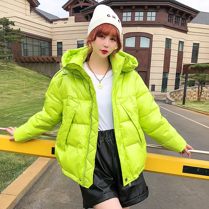 

Korean Loose Glossy Coat White Women Streetwear Short Loose Color Down cotton Jacket Female Hooded Thick Zipper Parka Outwear