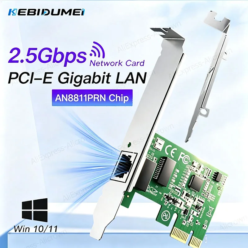 Фото ﻿   Сетевая карта KEBIDUMEI 2,5G PCI-E с разъемом RJ45, чип AN8811PRN, 1000 Мбит/с, 2,5 Гбит/с, адаптер контроллера Ethernet LAN PCIE X1 для Win10/11 №1