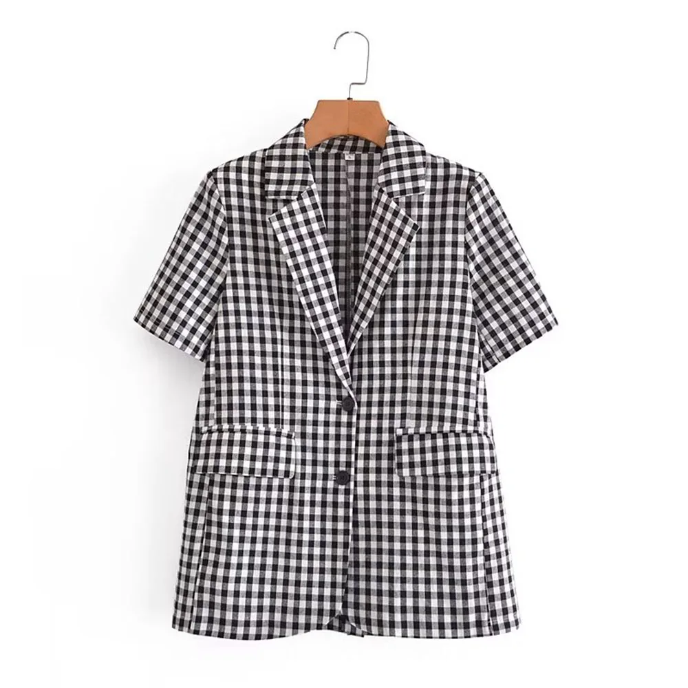 

PB&ZA Women 2023 Summer New Fashion Plaid Suit Short Sleeve Coat with Unique Button Decoration Polo Collar Casual Top Mujer