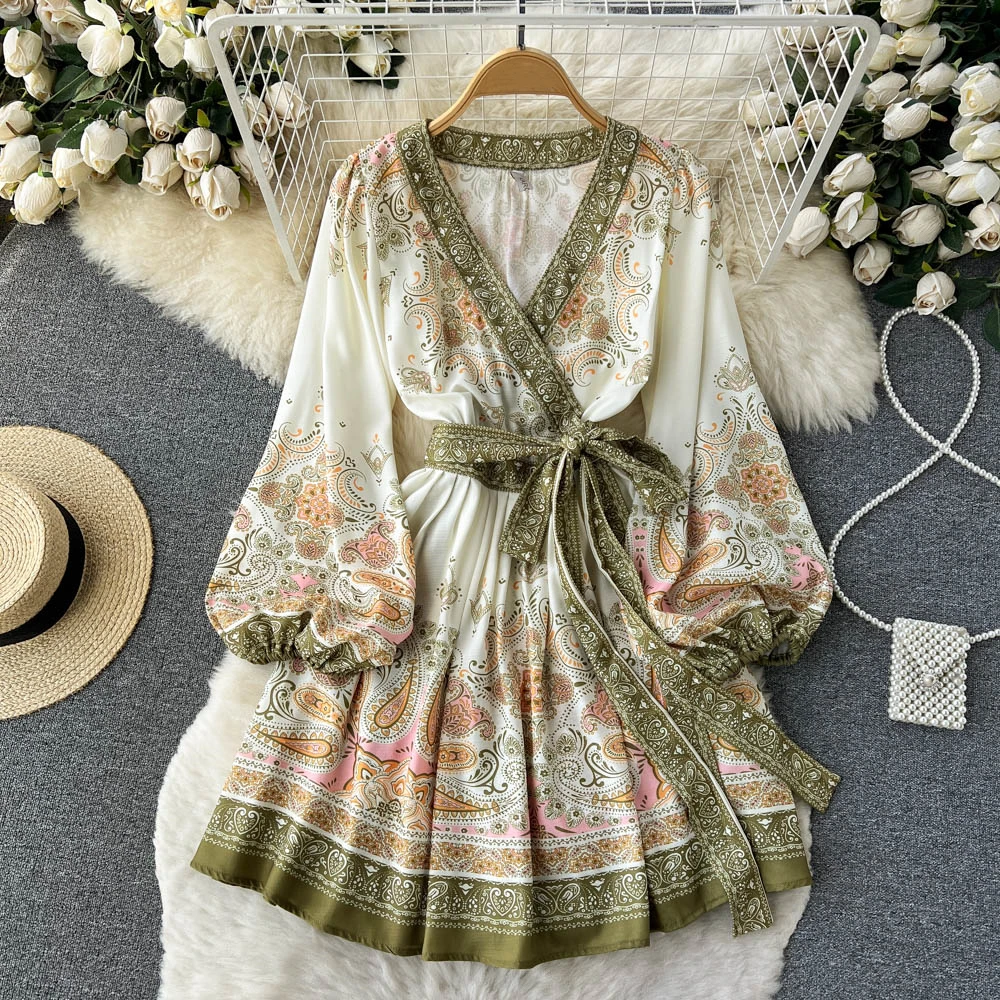 

Clothland Women Elegant Paisley Print Wrap Dress Cross V Neck Lantern Sleeve High Waist Sashes Chic Mini Dresses QB617