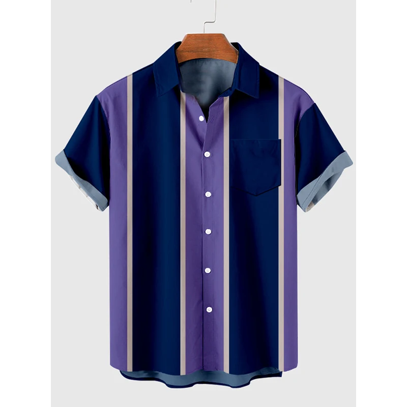 

HOO Vintage Purple & Blue Stitching Men‘s Holiday Breathable Short Sleeve Tee Shirt Men Oversized Blouse Tops