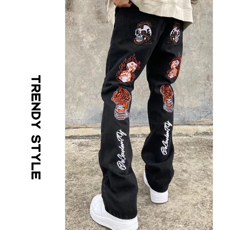 Streetwear Men High Street Hip-hop Back Embroidered Jeans 2022 New Style Versatile Elastic Pencil Pants Autumn and Winter Women