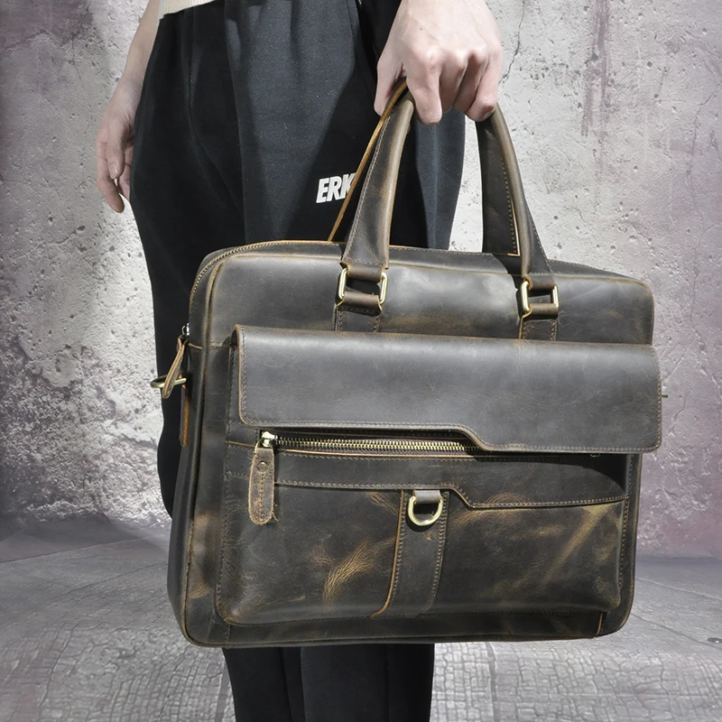 Crazy Horse Leather Retro Design Travel Business Executive Briefcase Laptop Case For Men Male Messenger Bag Portfolio Tote B261