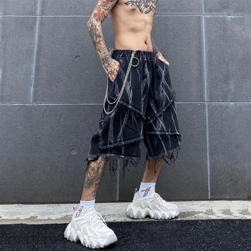 

Men Casual Shorts Pleated Fringe Black Shorts Gothic Style Loose Distressed Shorts Available with Or Without Chain Streetwear