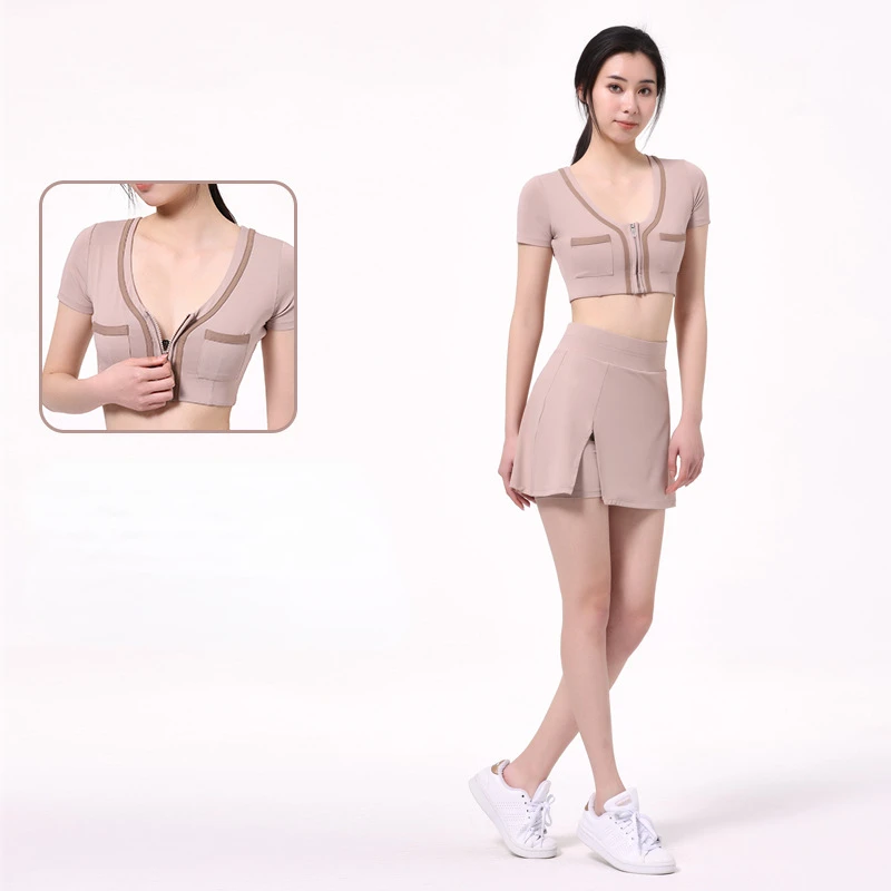 2022 New Tennis Skirts Set Short Sleeve Crop Top Sports Short Skirt Fitness Suit Workout Dress Golf Wear Badminton Sports Skirt