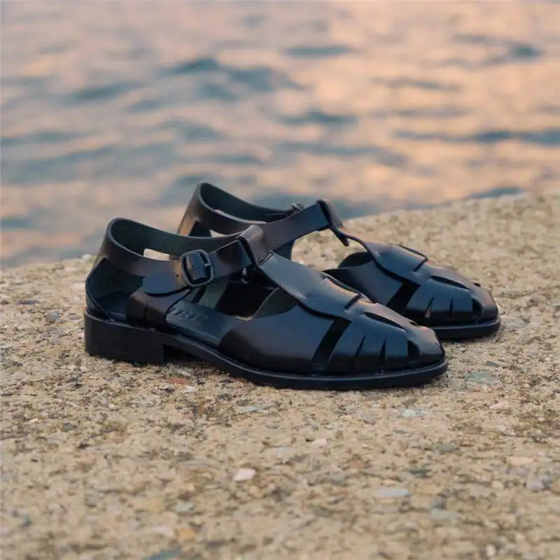 women sandals Hereu Summer Mary Jane Closed Toe Sandals Women's Woven round Toe Genuine Leather Bag Heel Buckle Flat Roman Shoes