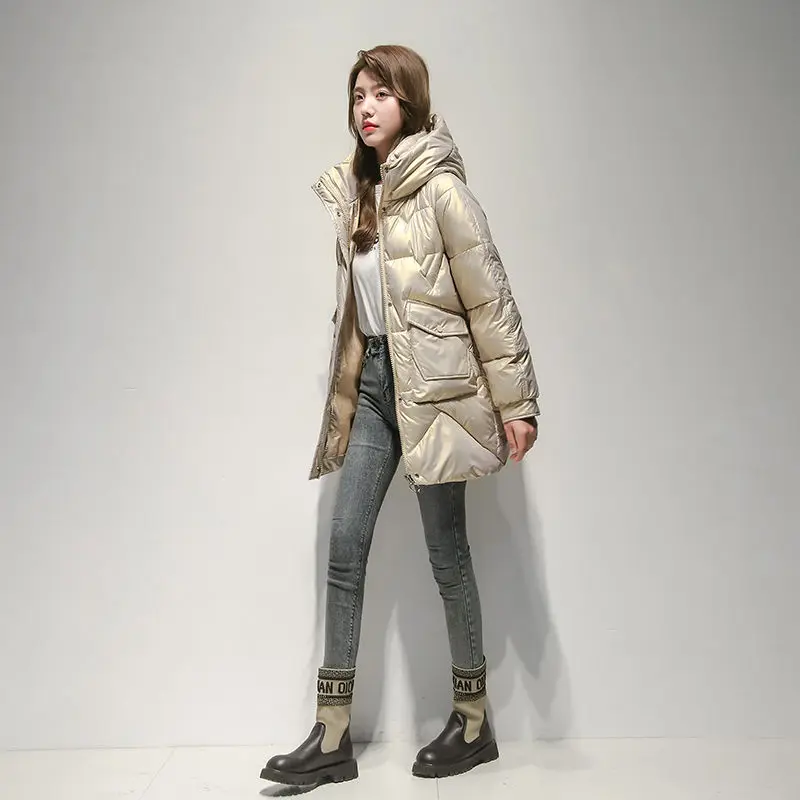 Parkas Women 2023 New Winter Jacket Glossy Long Coat Cotton Padded Hooded Parkas Jackets Thick Warm Female Outwear Pockets S48
