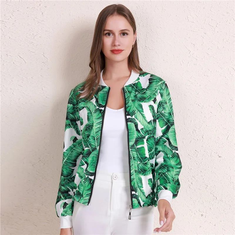 Женская Осенняя куртка на молнии с длинным рукавом и цветочным принтом