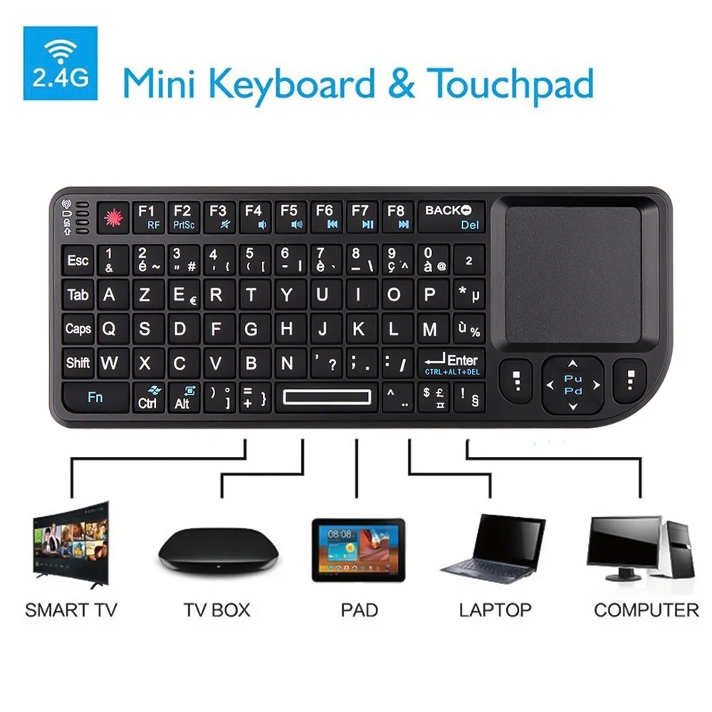 

Mini Clavier Sans Fil RF 2.4G, Espagnol, Français, Russe, Anglais, Rétroéclairé, Pavé Tactile, Souris, Pour PC, Notebook, Smart