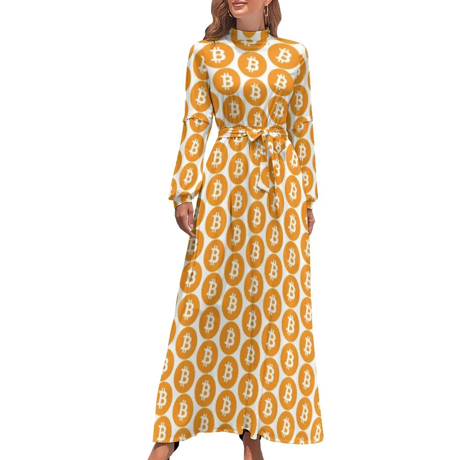 

Dollar Bitcoin Print Dress High Waist Crypto Currency Bohemia Dresses Long Sleeve Street Wear Long Maxi Dress Elegant Vestidos