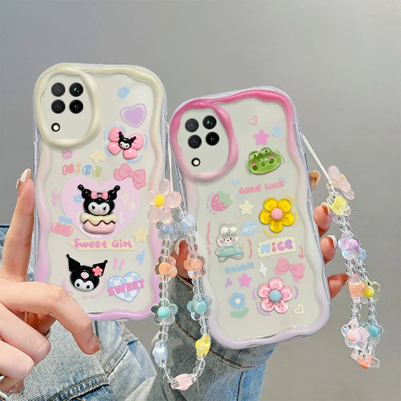 

Fashion Wavy Edge Cute Creamy Cartoon Animals Phone Case For Samsung Galaxy A12 5G A125 M12 F12 Hand Strap Bracelet Back Cover