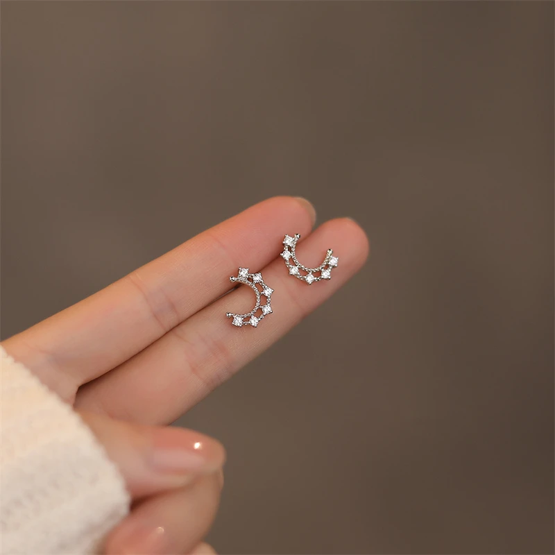 

925 Sterling Silver Arc Hollow Moon Zircon Star Stud Earrings For Women Vintage Temperament French Simple Jewelry Accessories