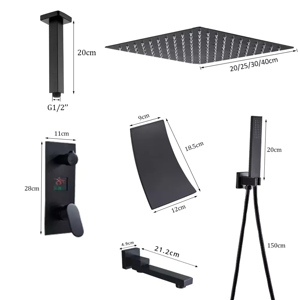 

Waterfall Matte Black Bathroom Shower Faucet Black Digital Shower Faucets Set Rainfall Shower Head Digital Display Mixer Tap