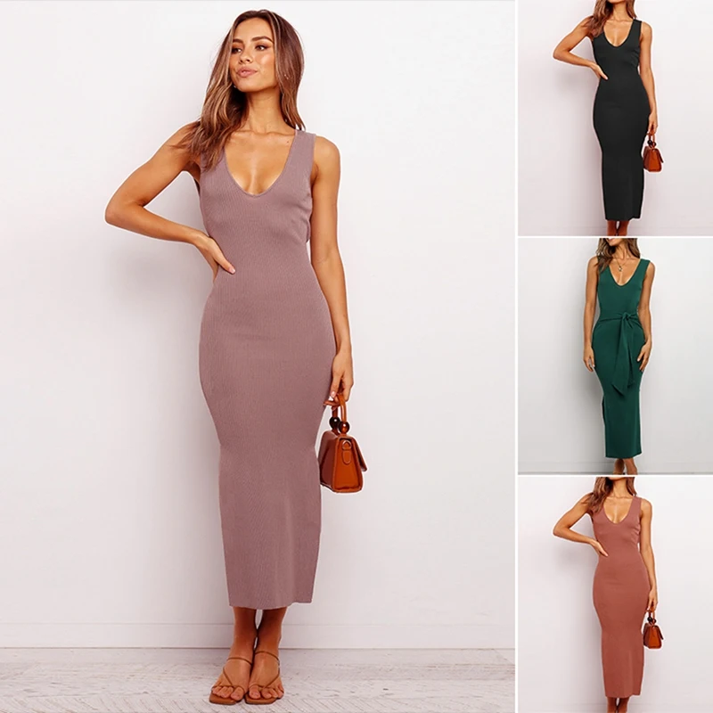 

Женское однотонное трикотажное длинное платье-майка