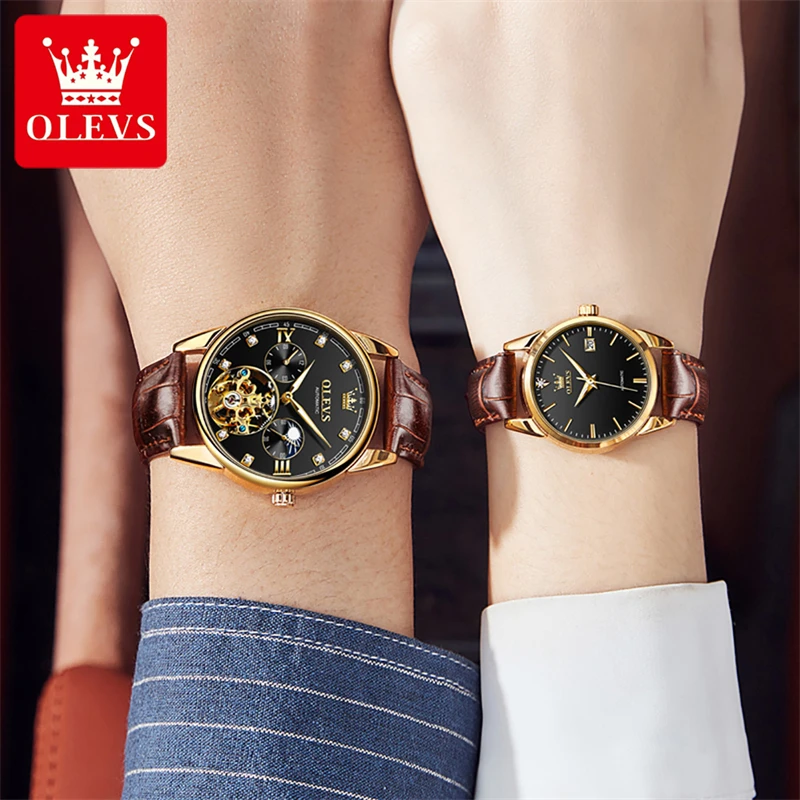 OLEVS Couples Watch Casual Fashion Automatic Wristwatches 2022 New Tourbillon Design Luxury Gold Plated Case Waterproof Watch