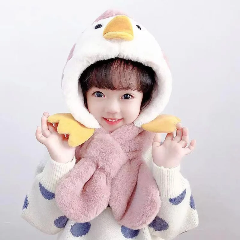 

Autumn Winter New Children's Hats Scarves All-in-one Two-piece Duckling Warm Ear Protection Plush Kids Hats Scarves Warmers