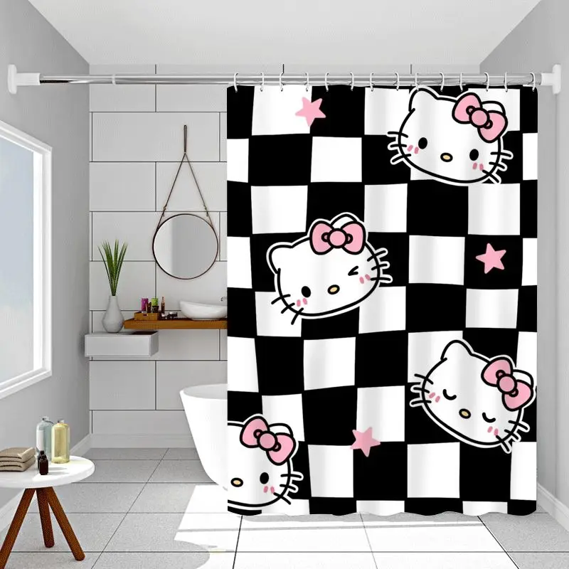 

Kawaii Sanrios Hello Kitty Cartoon Shower Curtains Black and White Curtain Waterproof Polyester Bathroom Curtain with Hooks Gift