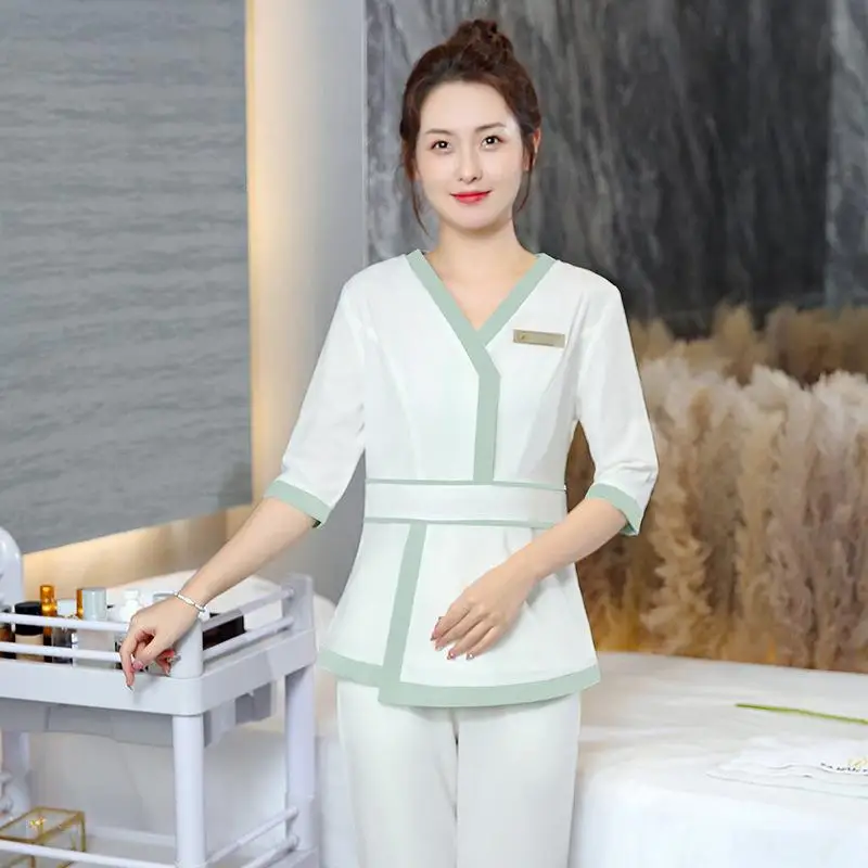 

Women Beautician Work Suit Set Spring Summer Female Foot Therapy Technician Medium Sleeve Work Suit Uniform Set