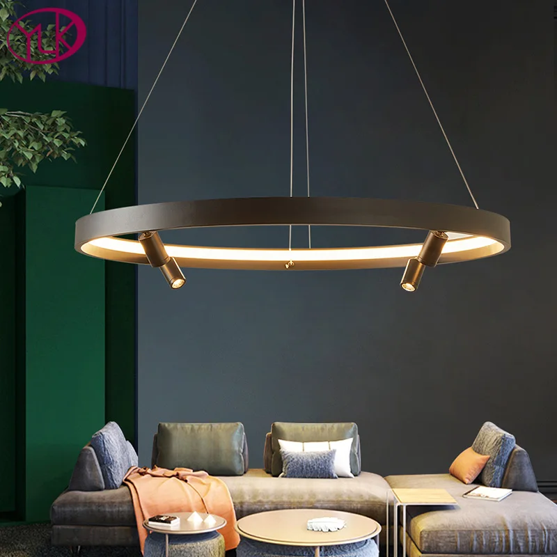 

YOULAIKE Black led chandelier for living room brief design modern home decor hang light fixture black/gold ring dimmable lamps