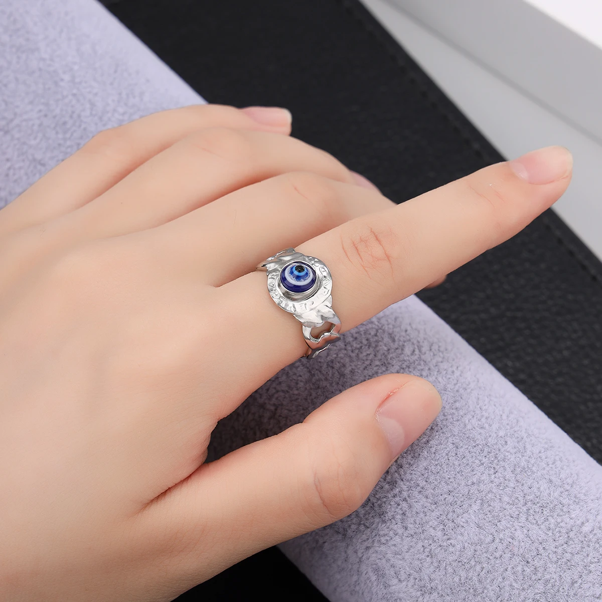 Original Design Devil's Eye Ring Korean Silver Plated Zircon Ring Female Light Luxury Irregular Lava Opening Ring Adjustable