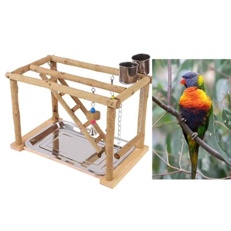 

Bird Swing Perch Parrots Gym Toy with Tray Feeding Cups for Small Size Birds