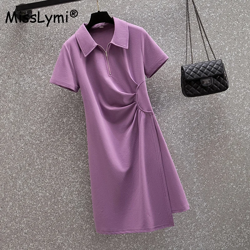 Женское Хлопковое платье-футболка на молнии повседневное однотонное платье