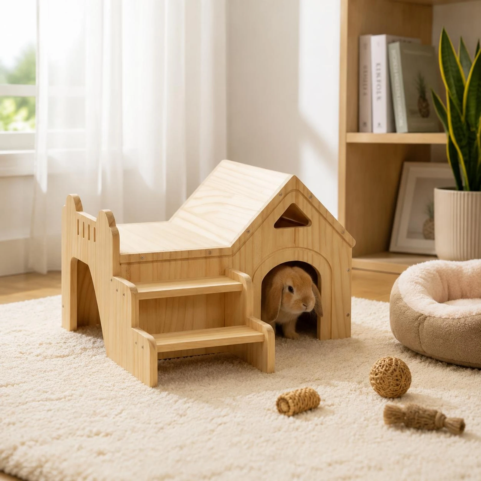 Фото Деревянный домик для животных с наклонной крышей, маленький домик-убежище для питомцев, деревянное убежище с арочным входом из каучукового дерева №1