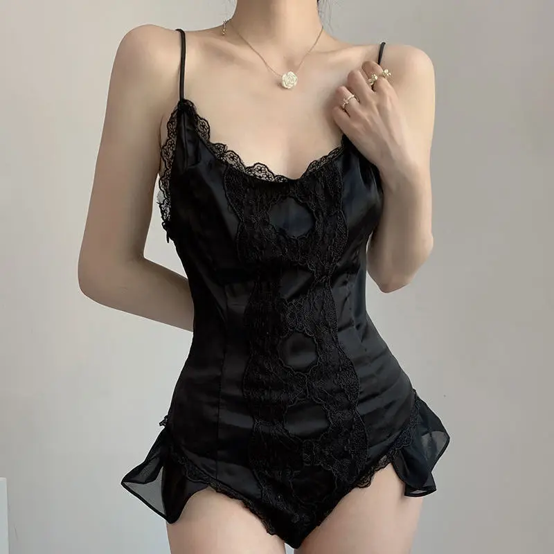 

Ins Wind Fairy Fairy Goddess Dream Pure Desire Wind Embroidery Lace Vest Suspenders Jumpsuit Pajamas Black Jumpsuit Women