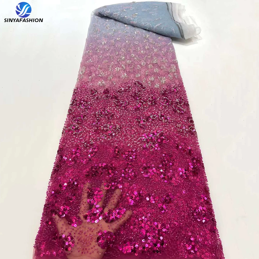 

Sinya Fuchsia Sequence French Tulle Lace Fabric With Sequins Beads Gradient Wedding Luxury Lace Fabric