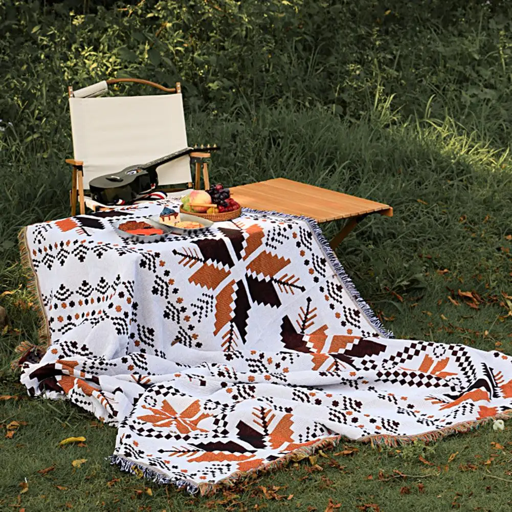 

Bohemia Picnic Mat Knitted Blanket Fadeless Cozy Washable Ethnic Style Orange Vintage Picnic Blanket Decorative Tablecloth