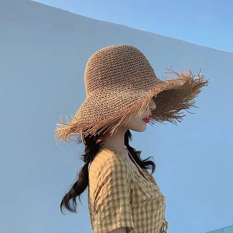

Straw Hat for Women's Summer Holiday Foldable Beach Cap Wide Brim Weaving Female Fisherman Hats Sun Protective Sun Hat