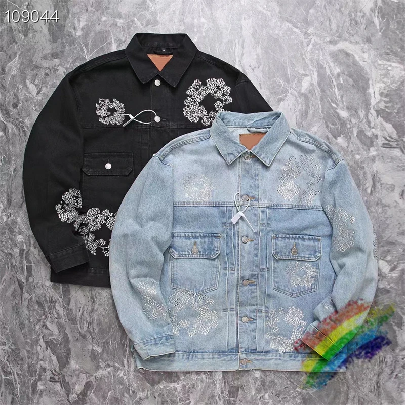 

Джинсовая куртка для мужчин и женщин, с эффектом потертости и бриллиантами