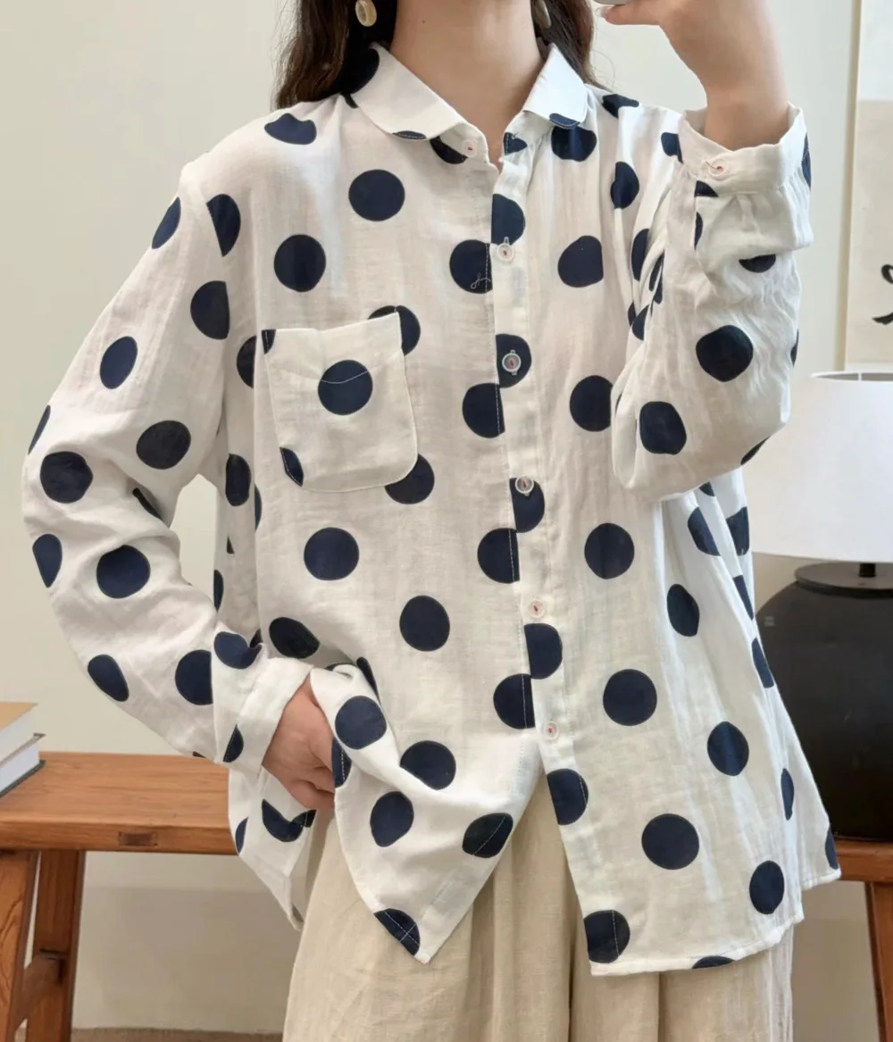 Женская хлопковая блузка в горошек с длинным рукавом