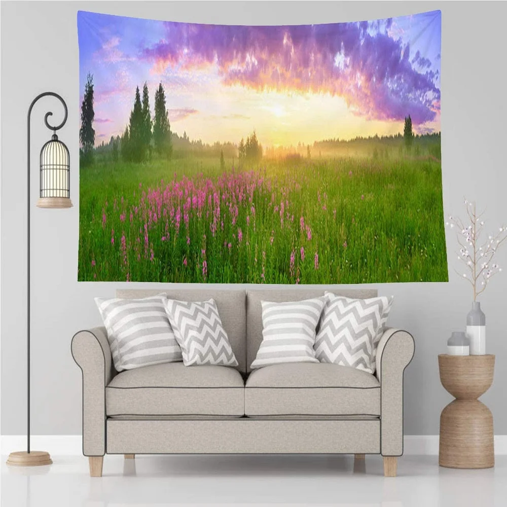 

3D Colorful Sunset Scenery Tapestry Nature Flowers and Green Plants Landscape Tapestries Bedroom Living Room Decor Wall Hanging