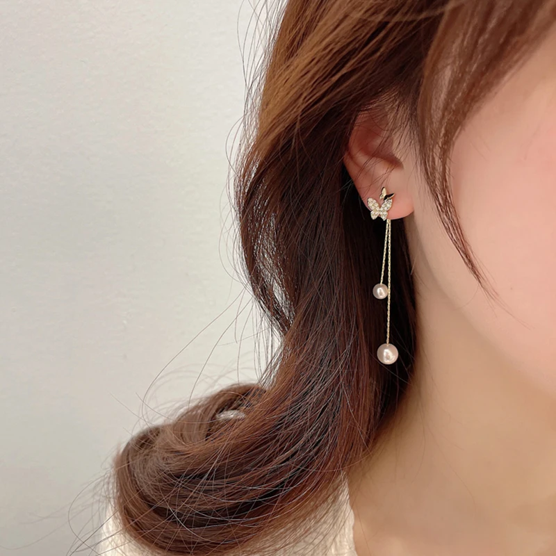 

Korean Pearl Zircon Tassel Butterfly Drop Earrings For Women Summer Luxury Elegant Heart Stud Earrings Temperament Jewelry Gifts