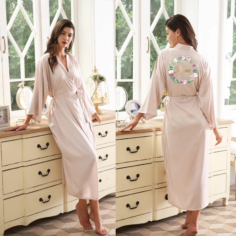 Long Chiffon Satin Robes Personalized Bridal Robe Garland Printing Full Robe Wedding Silk Bridesmaid Robes Women Night Dress