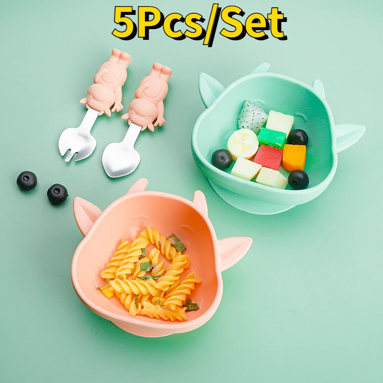 

5 шт./компл. набор детской чаши с присоской, соломинка для питья, вилка и ложка для кормления ребенка, детская силиконовая посуда